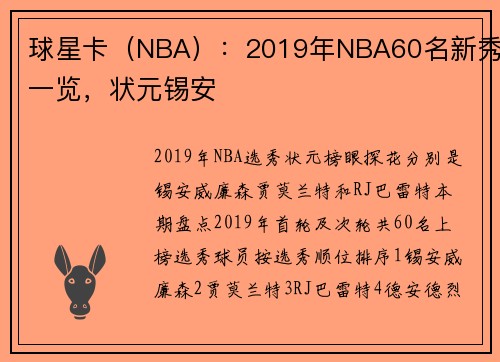 球星卡（NBA）：2019年NBA60名新秀一览，状元锡安